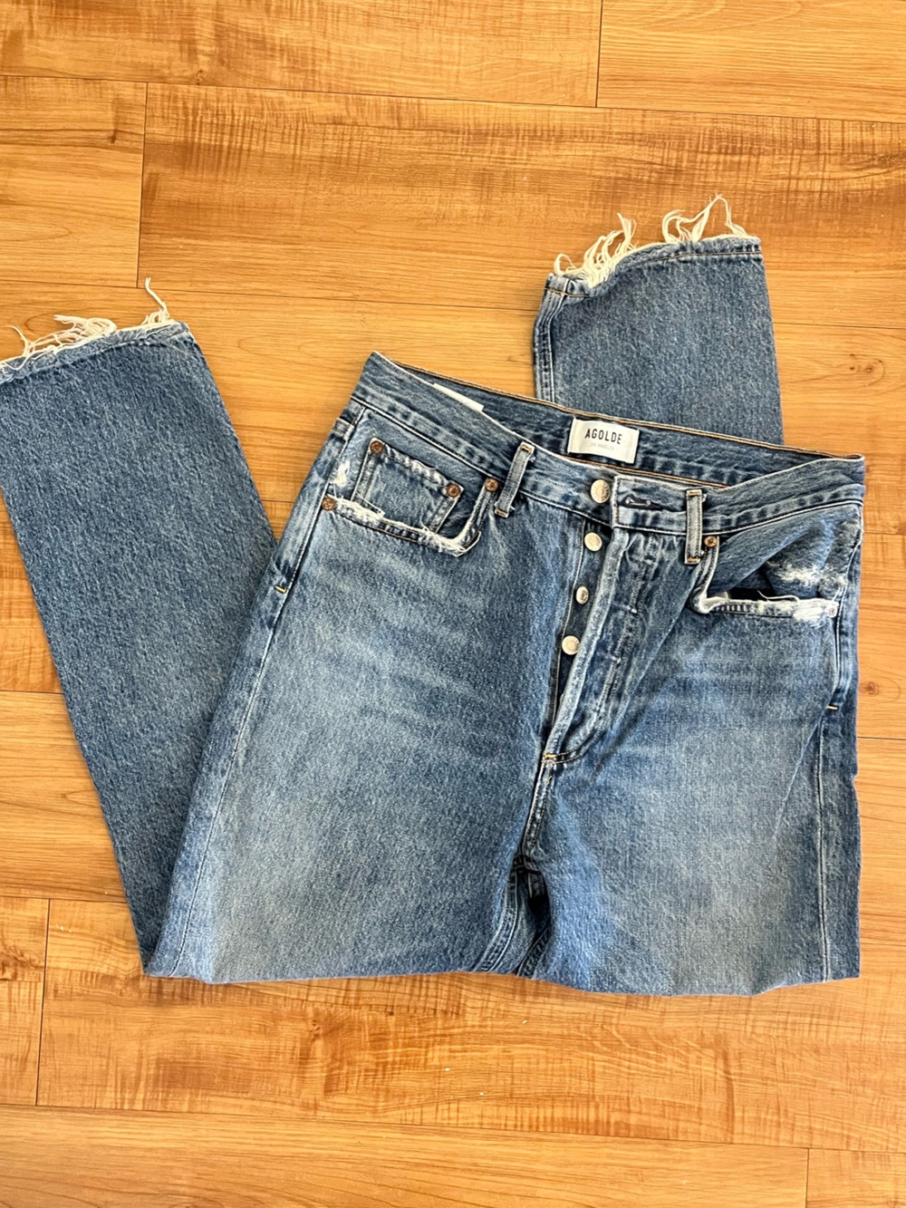 Agolde Riley Straight-Leg Blue Denim Jeans with Button Fly